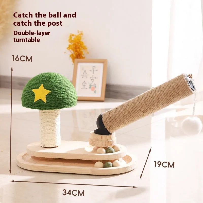 Solid wood cat scratch turntable toy in animal shapes including helicopter and panda designs