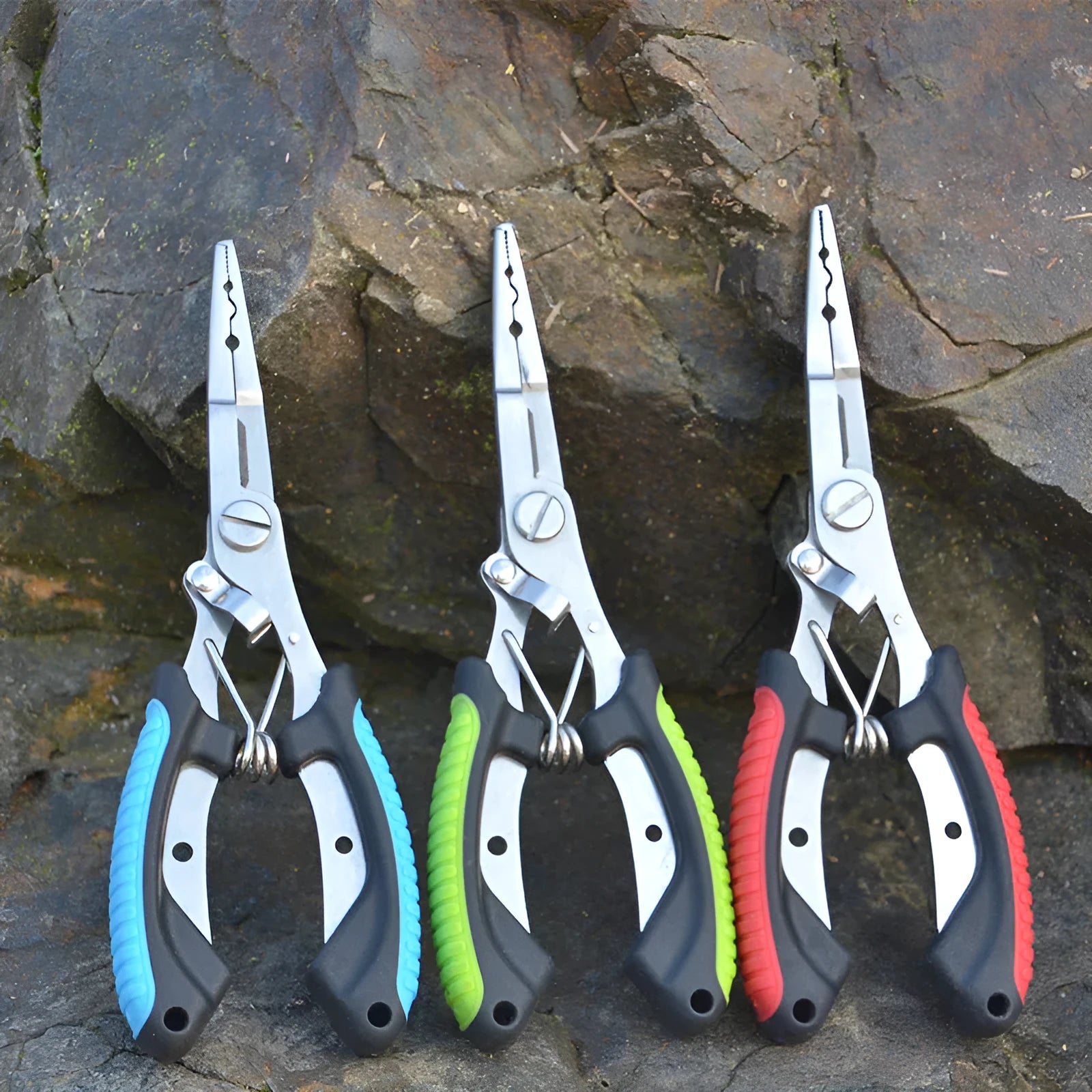 SS420 steel fishing pliers with straight mouth and hook, red blue green handle options