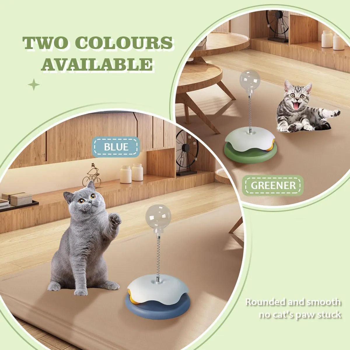 Blue and green PP plastic cat treat dispenser toy with track ball, shown dismantled