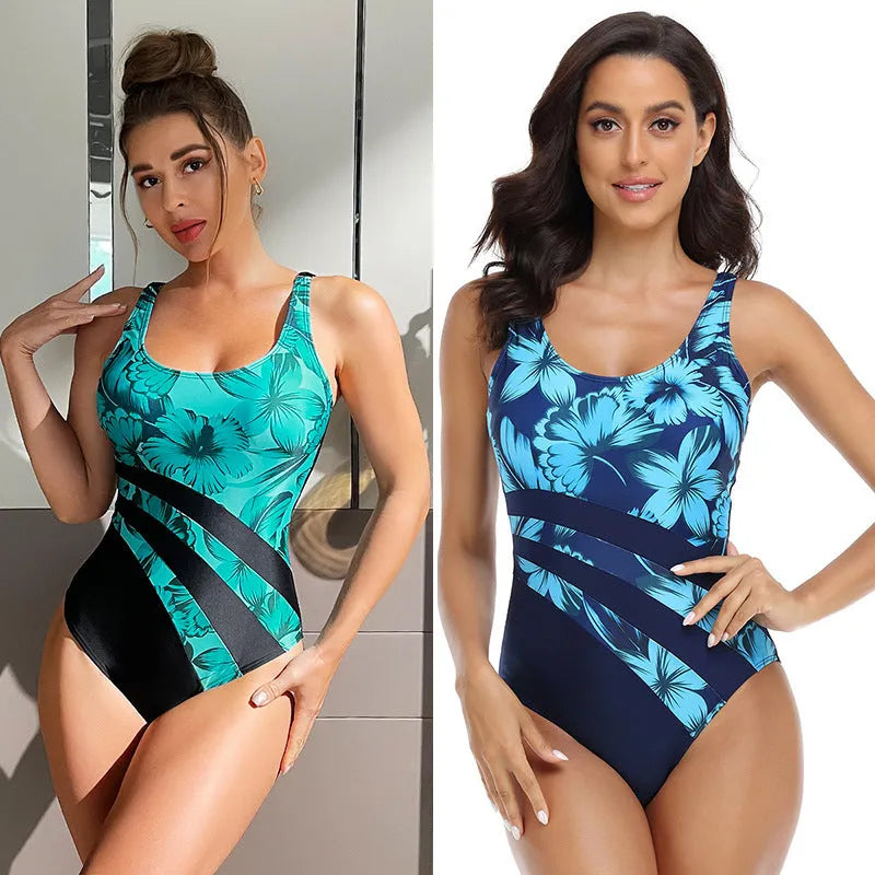 Women's green and blue printed conservative one-piece swimsuit with polyester fabric