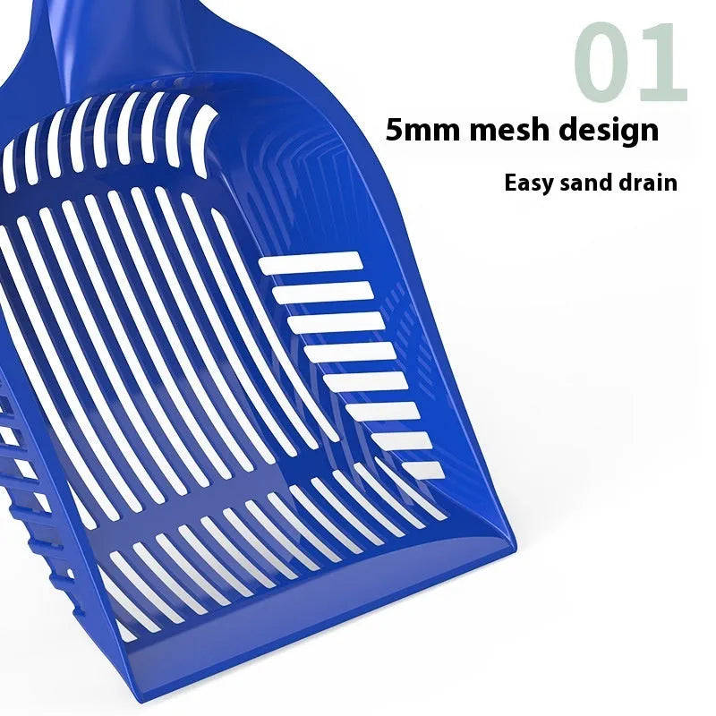 Plastic cat litter scoop in red, yellow, and blue colours showing small and medium size options