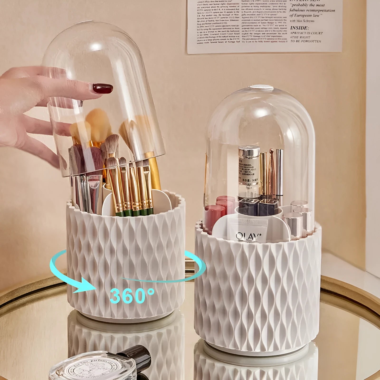 White transparent rotating makeup brush storage box with dustproof acrylic lid