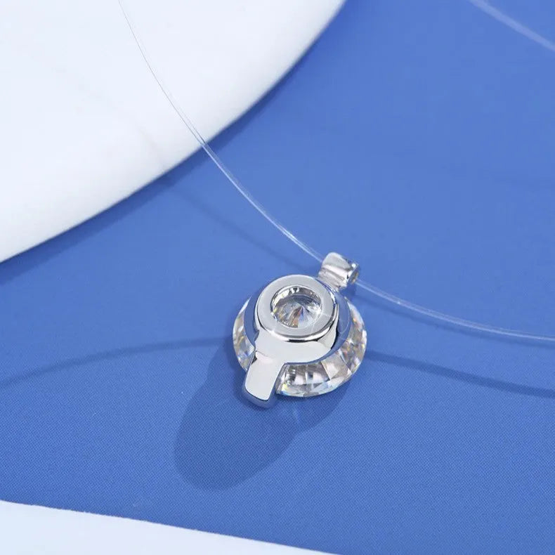 Women's sterling silver moissanite clavicle chain necklace with invisible fishing line setting.