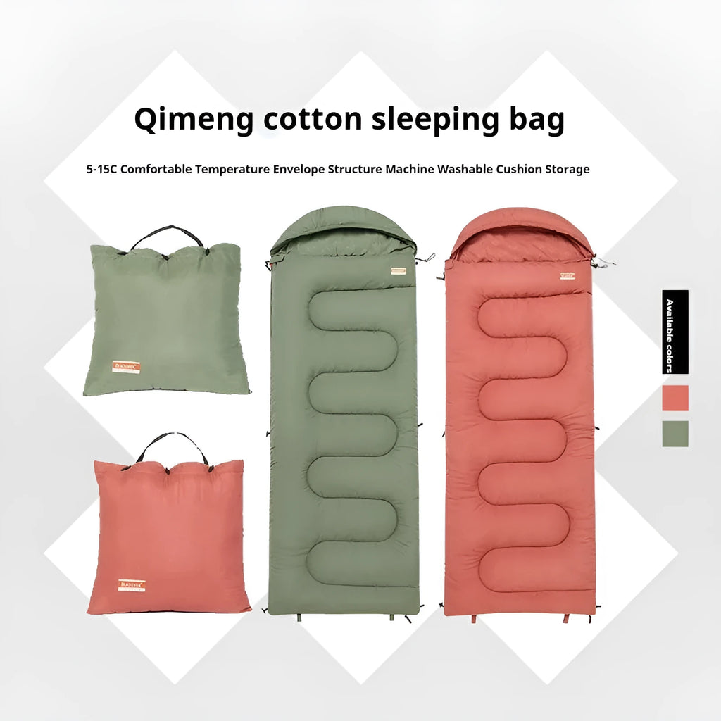 Ochre and olive green ultra-light cotton sleeping bag quilt for camping, shown folded and portable.