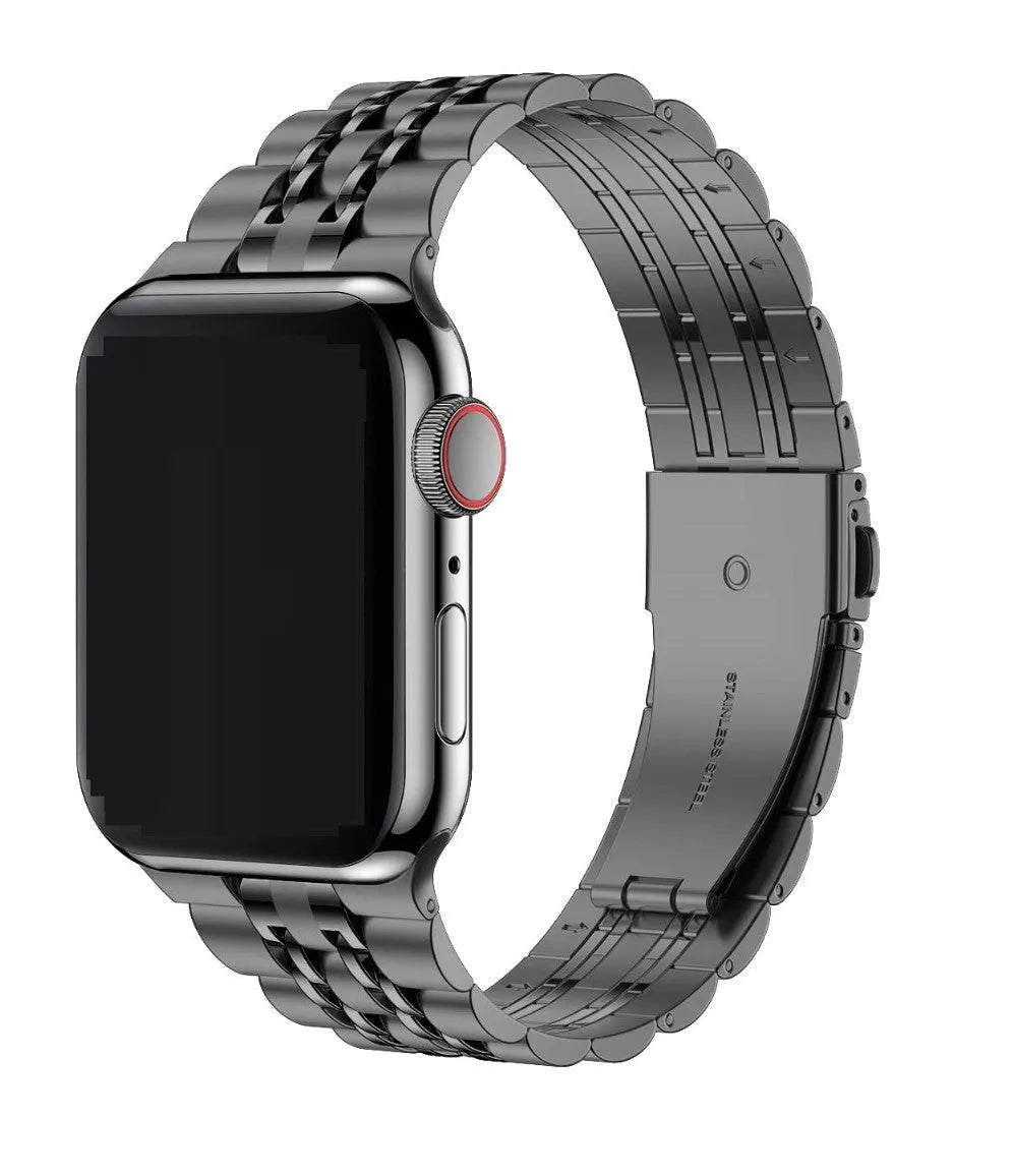 Seven-bead stainless steel metal strap for Apple Watch in black, 195mm length, 304 stainless steel