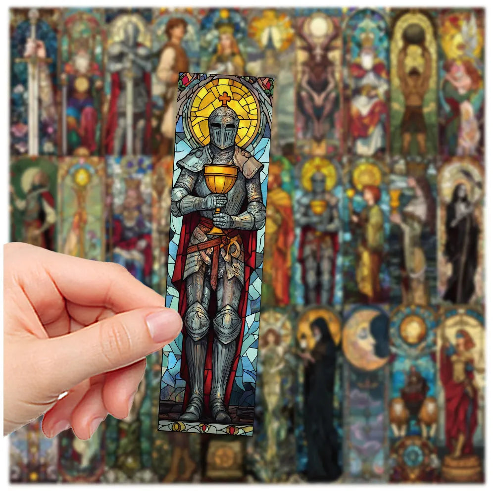 Set of 30 paper tarot bookmarks with painted glass designs in a cute homemade style.