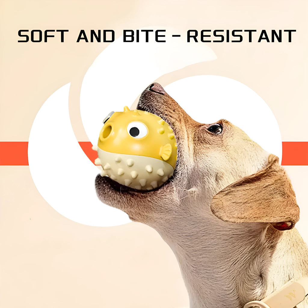 Yellow fish-shaped vinyl dog chew toy with textured surface for aggressive chewers