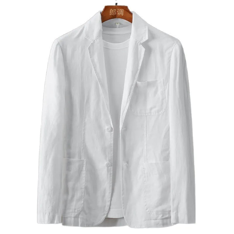 Men's slim fit solid colour linen-style suit jacket with nine-point sleeves on a hanger.