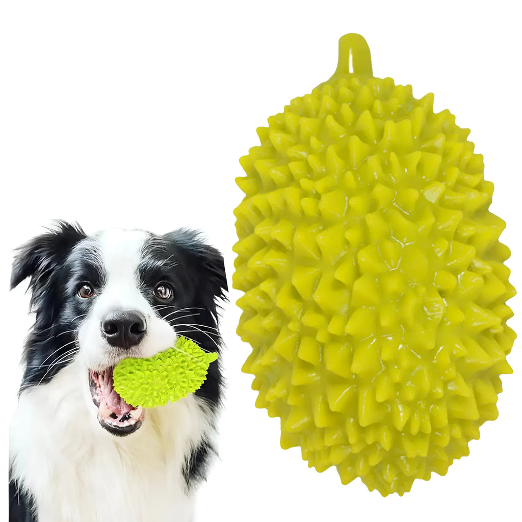 Beige, green, and yellow durian-shaped dog chew toy with textured surface for teeth cleaning