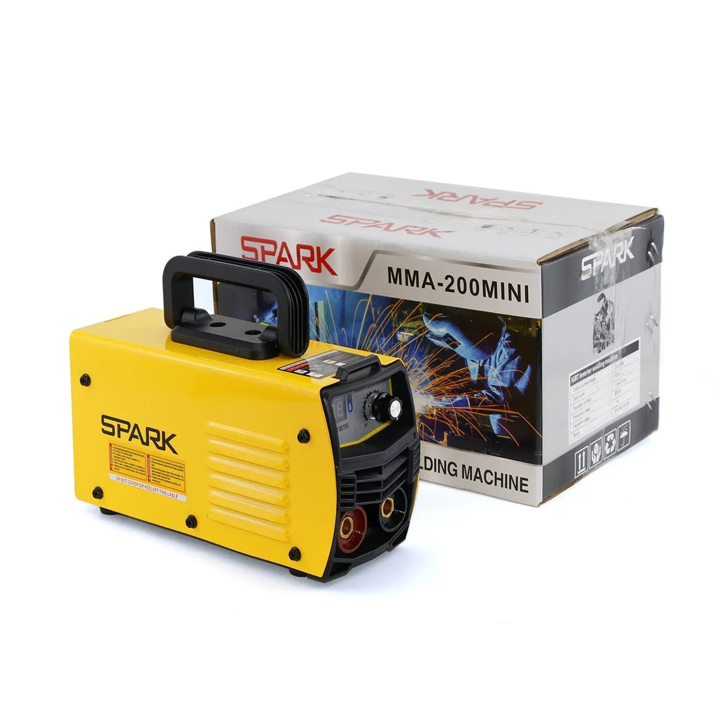 MMA-200MIN 220V DC inverter welding machine with welding tongs, clamp, face shield, and brush hanger.