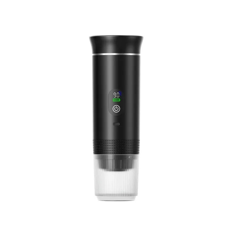 Portable electric capsule coffee machine for car and outdoor travel in silver finish, showing LCD display.