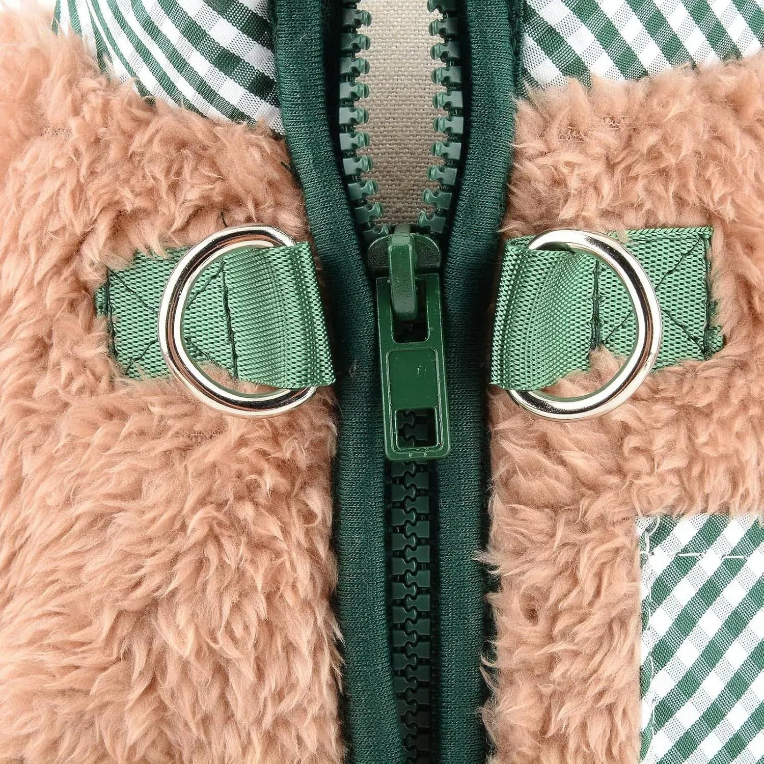 Green plush fleece dog coat with four-leg design and back zipper for small breed dogs