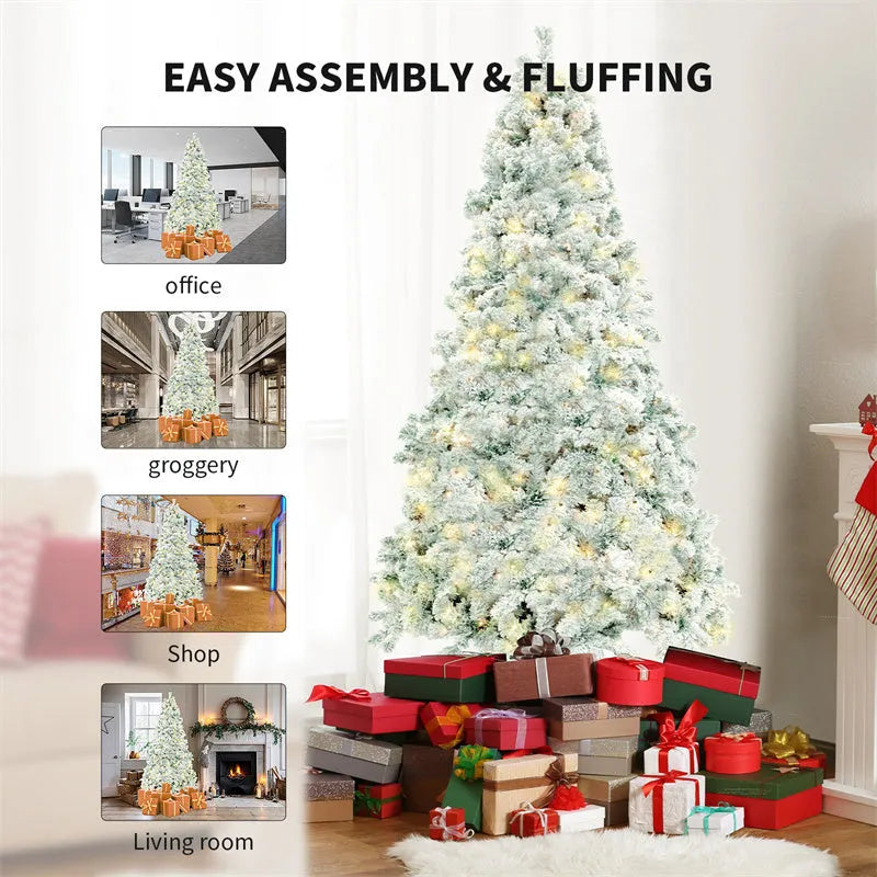 Green and white artificial PVC Christmas tree with snow effect and metal stand.