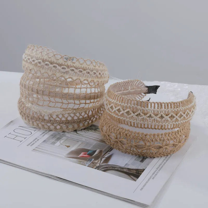 Bamboo woven wide brim hair band in bohemian straw weave style, black or khaki colour, cloth headband