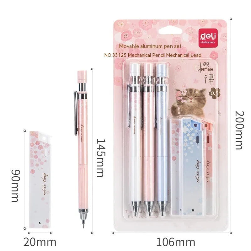 Cartoon design automatic pencil set with three 0.5mm pencils and HB refill boxes on a white background.