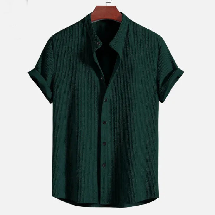 Men's loose short sleeve polyester summer shirt in navy blue.