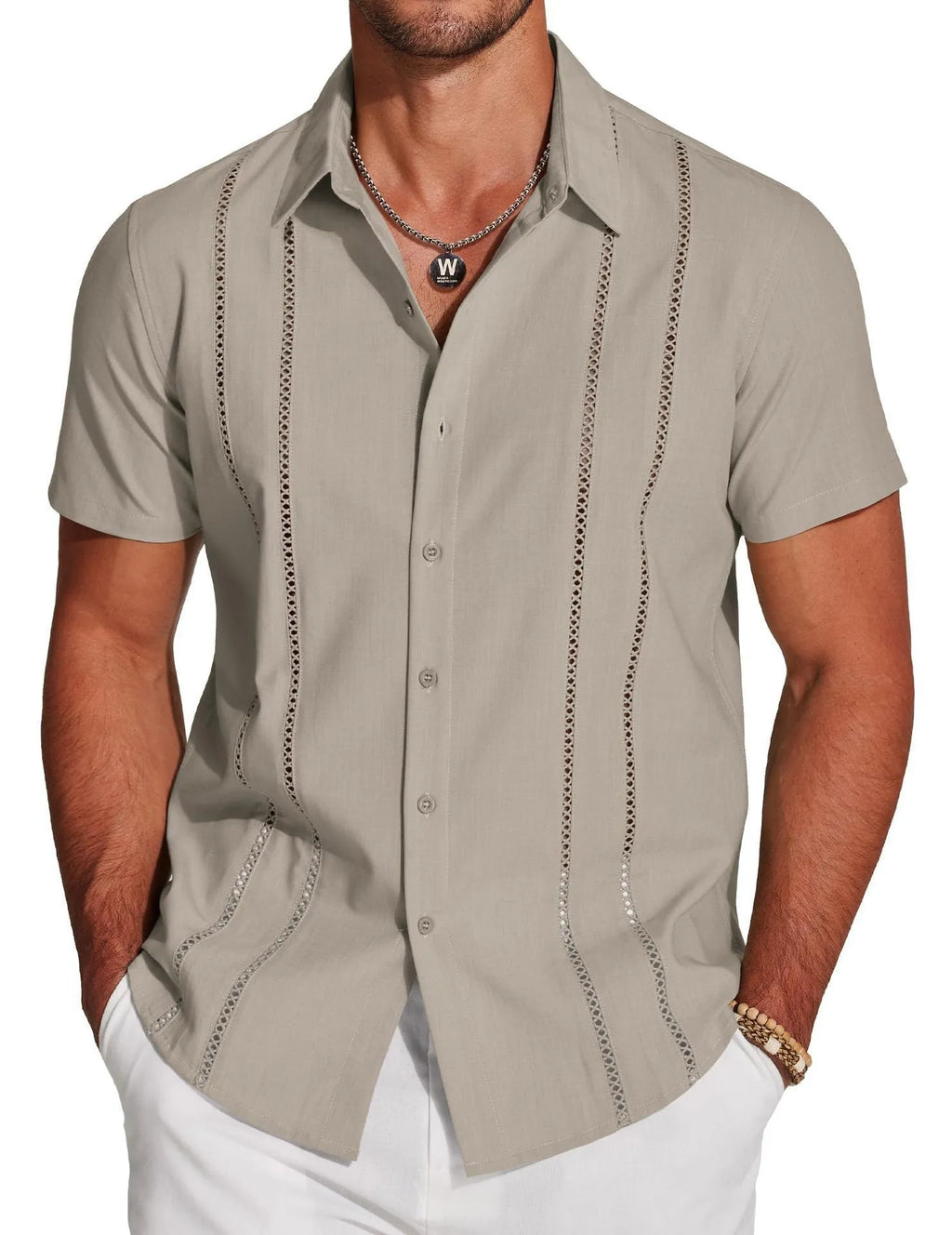 Men's slim fit short sleeve Hawaiian shirt with digital print pattern in elastic polyester fabric.
