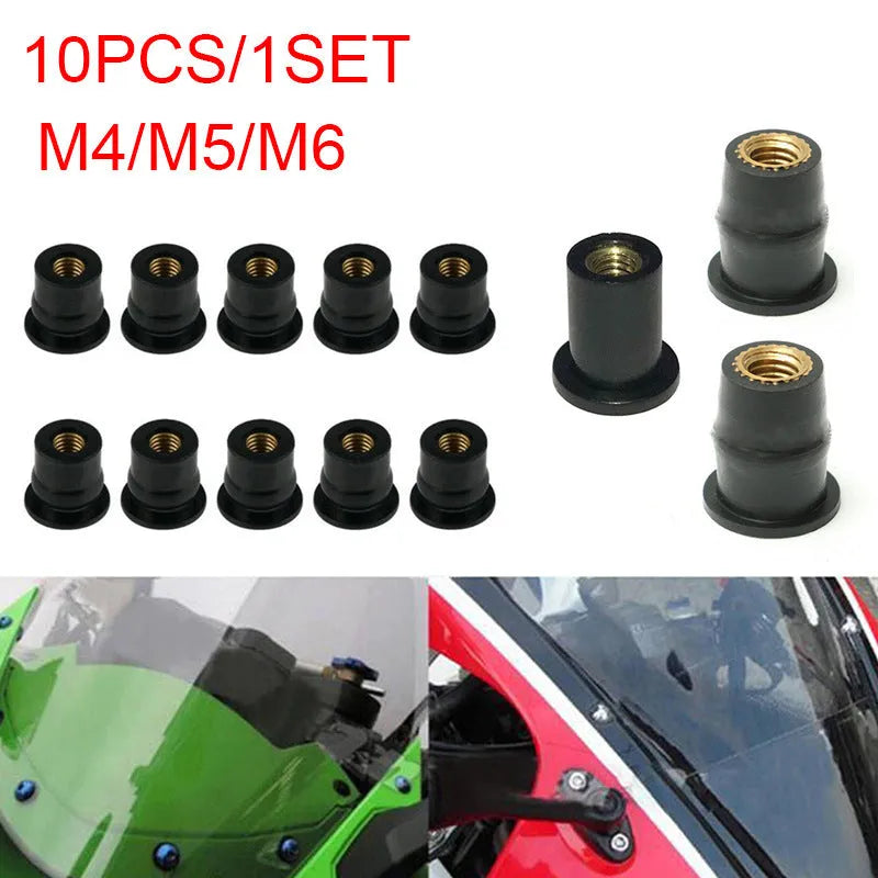 Set of 10 black rubber and brass well nut fasteners for motorcycle modification in M4 M5 M6 sizes.