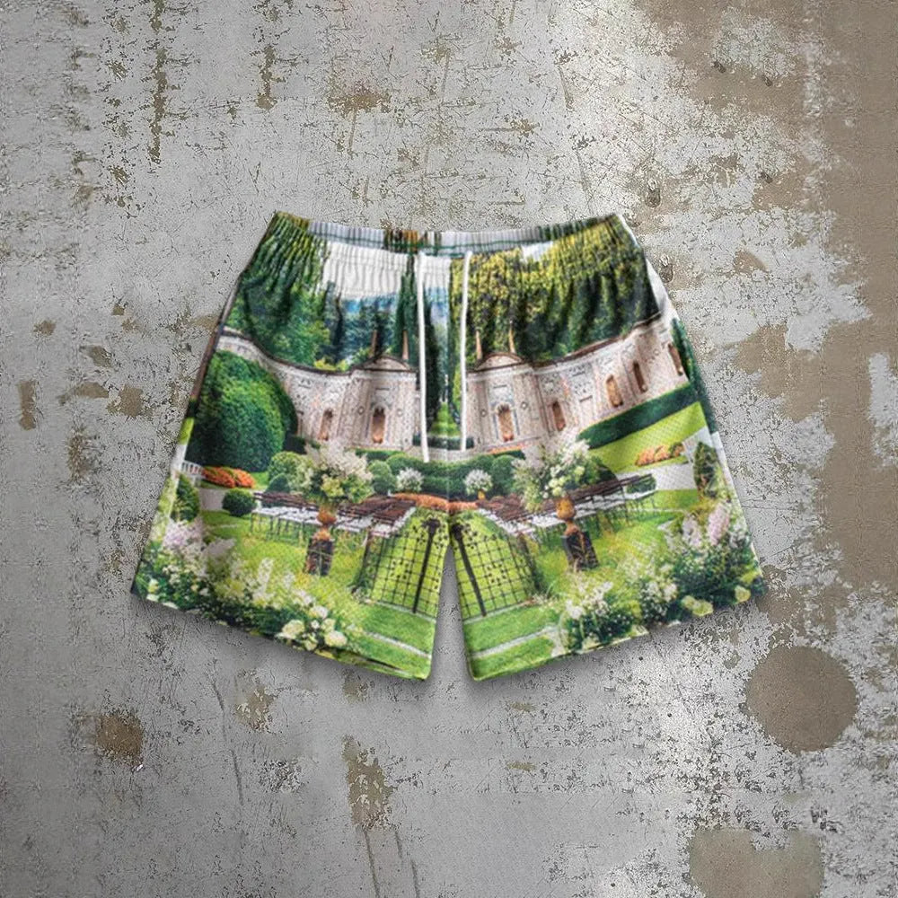 Mens loose fit quick-drying beach shorts with digital print design and elastic waistband in a light colour.