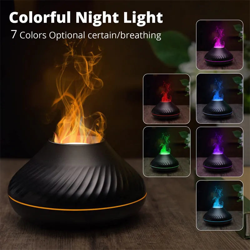 Volcanic flame design aroma diffuser with colour-changing LED light and water mist emission