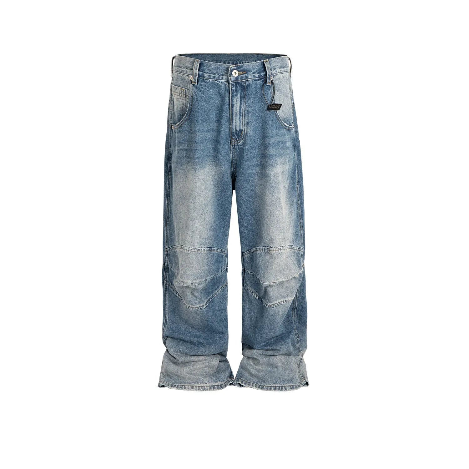 Men's light blue baggy jeans with front pleats and a straight-leg fit on a plain background.