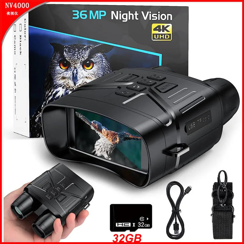 Black handheld 4K night vision monocular with LCD screen showing a clear night-time image.