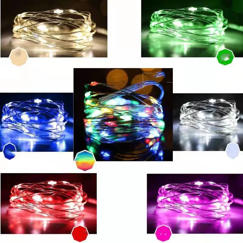 12-metre long copper wire LED string lights with 120 bulbs and a USB plug, displayed with a light post.