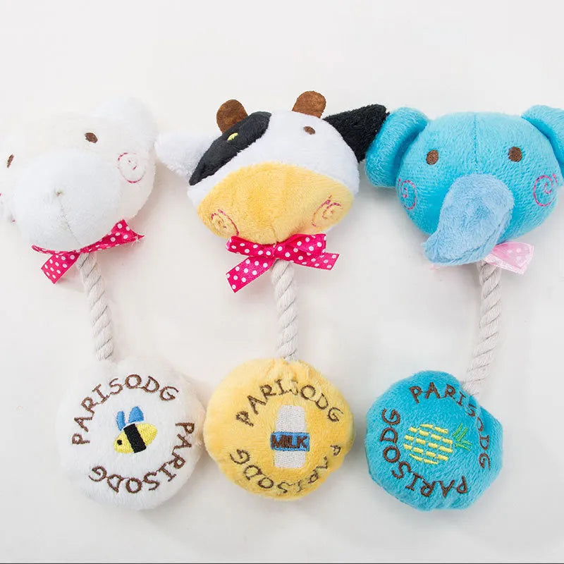 Animal shaped plush dog toy with cotton rope details and squeaker for chewing