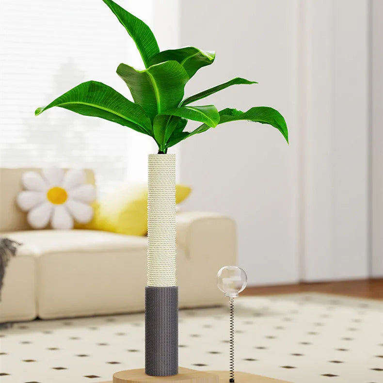 A vertical, canna-coloured wooden cat scratching post with a chamfered column design on a simple base.