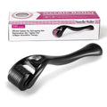Titanium derma roller with 540 needles, shown in black and purple, with size options from 0.2mm to 1.0mm.