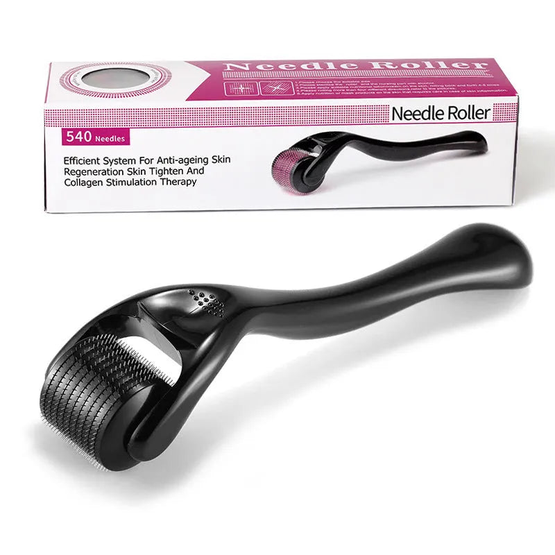 Titanium derma roller with 540 needles, shown in black and purple, with size options from 0.2mm to 1.0mm.