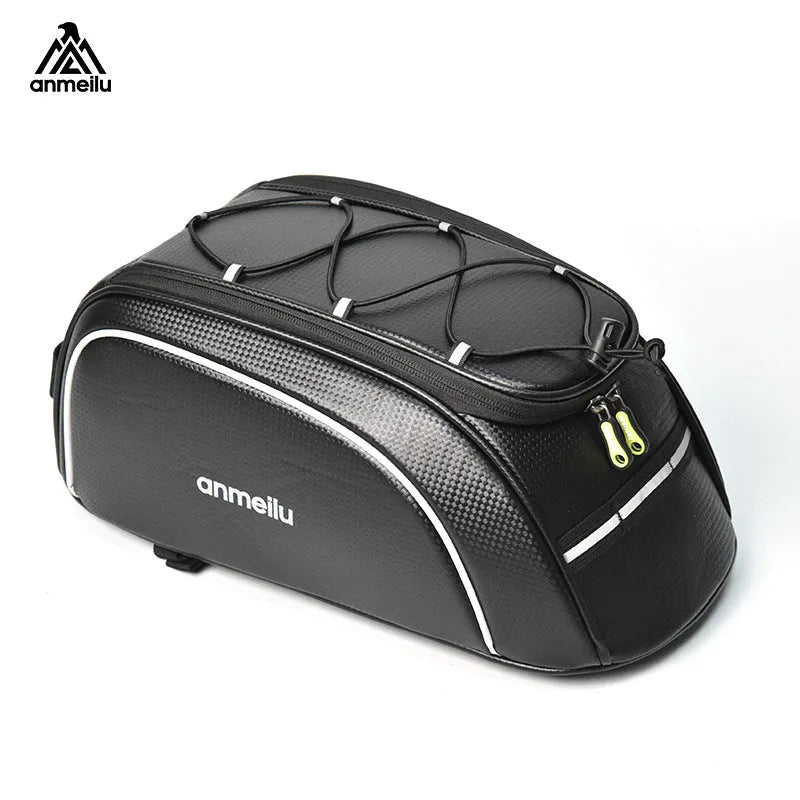 Waterproof black bicycle rack bag with 8L capacity mounted on bicycle rear rack