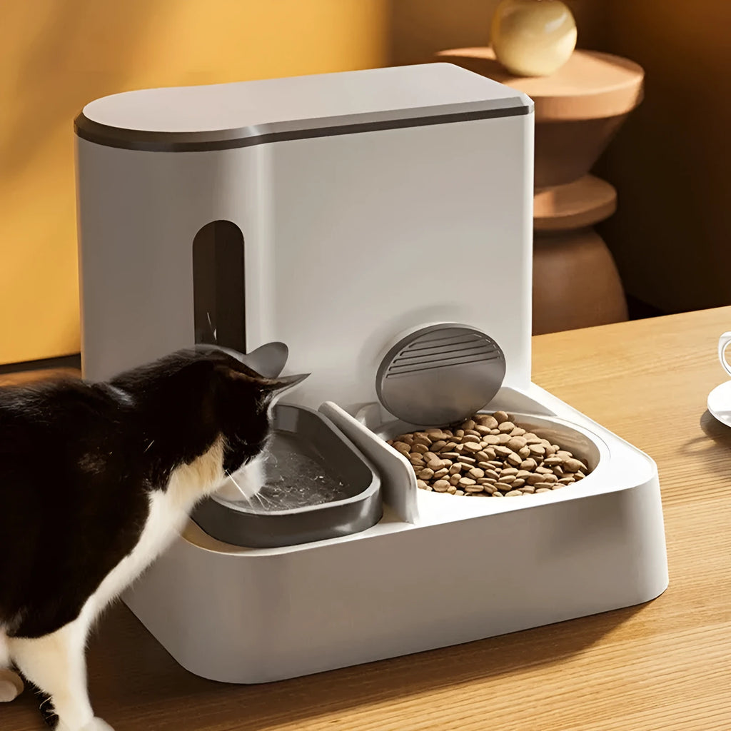 Cat automatic pet feeder with integrated double bowl water dispenser system