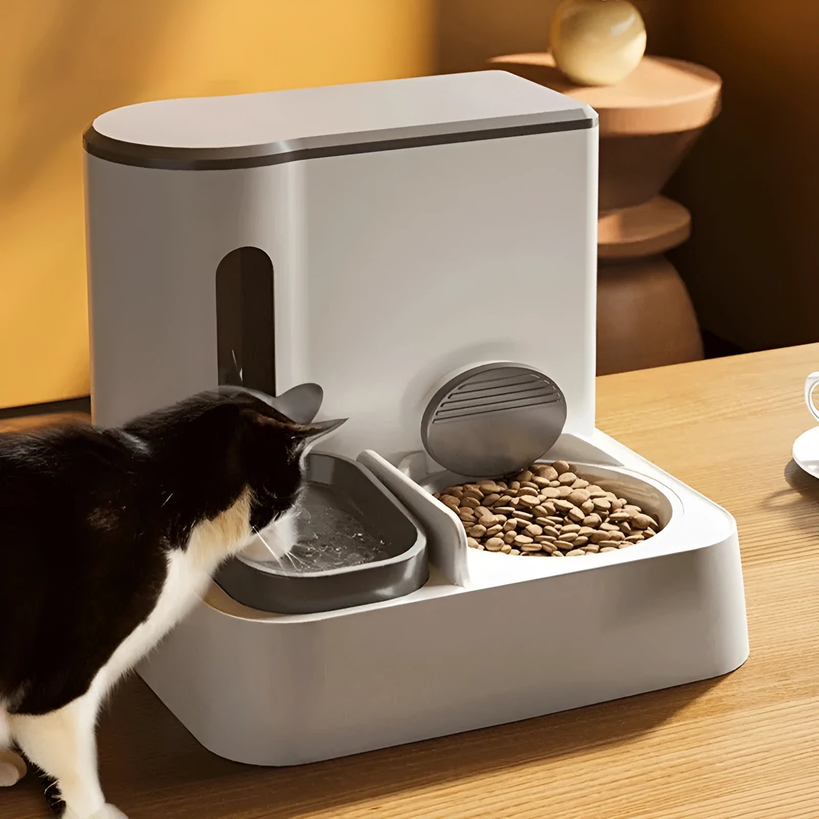 Cat automatic pet feeder with integrated double bowl water dispenser system