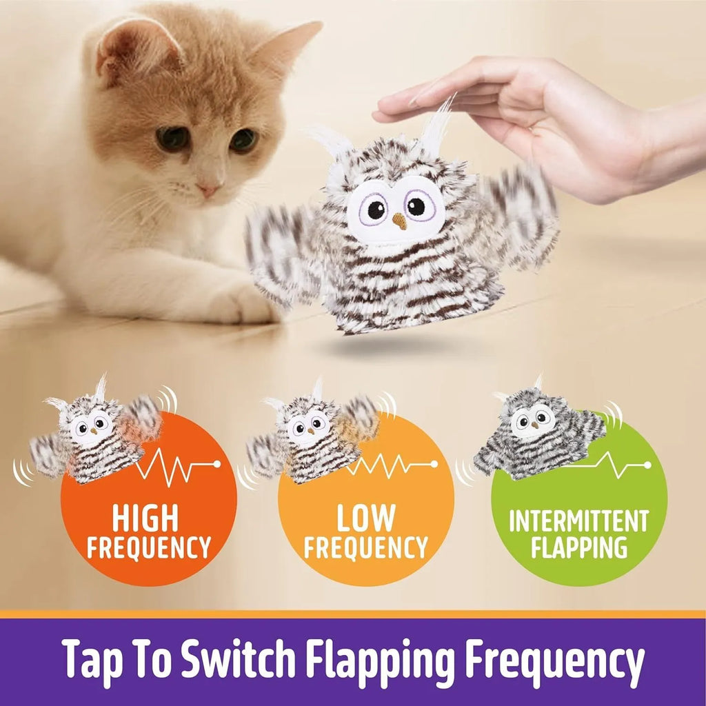 Grey automatic owl cat toy with flapping wings for indoor feline entertainment