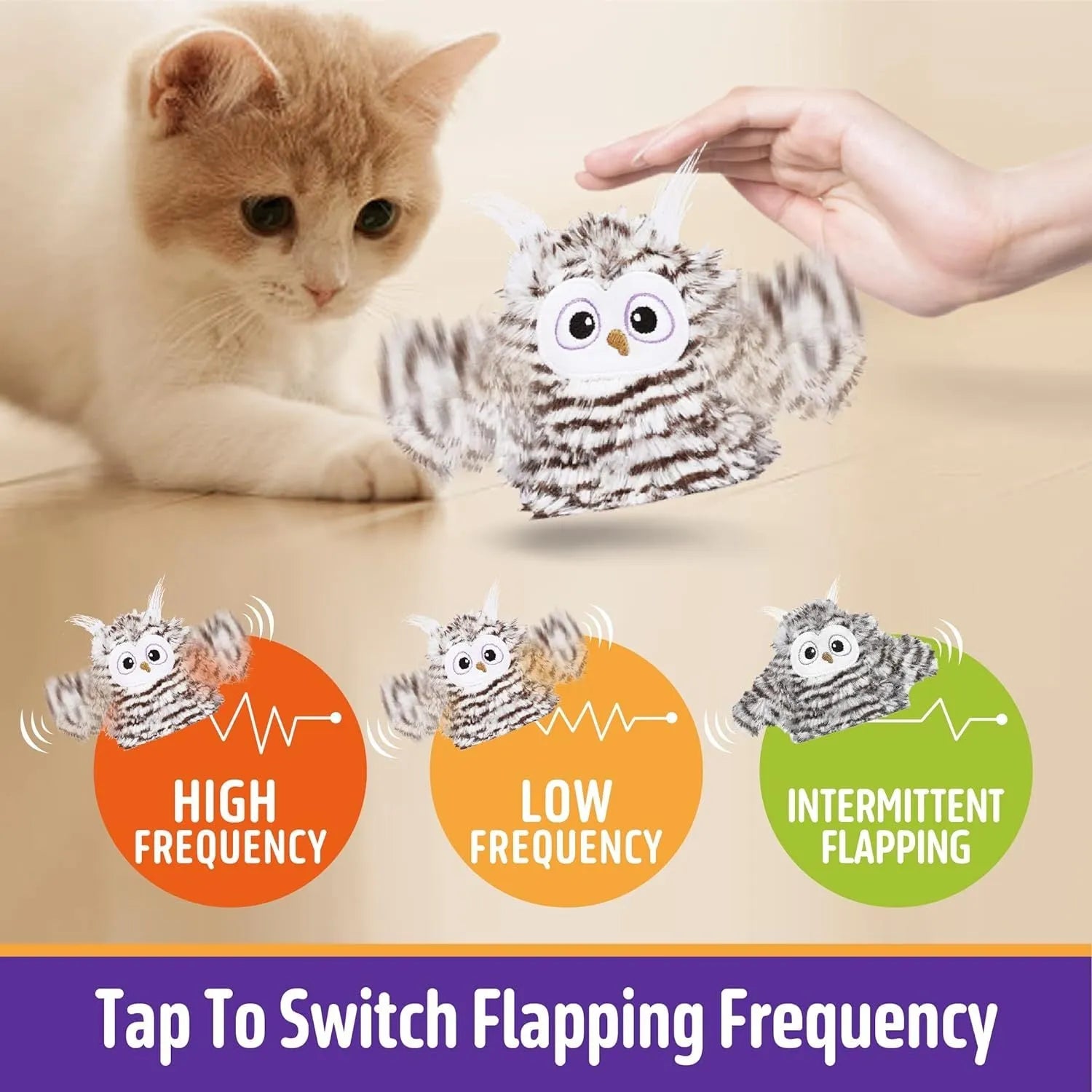 Grey automatic owl cat toy with flapping wings for indoor feline entertainment