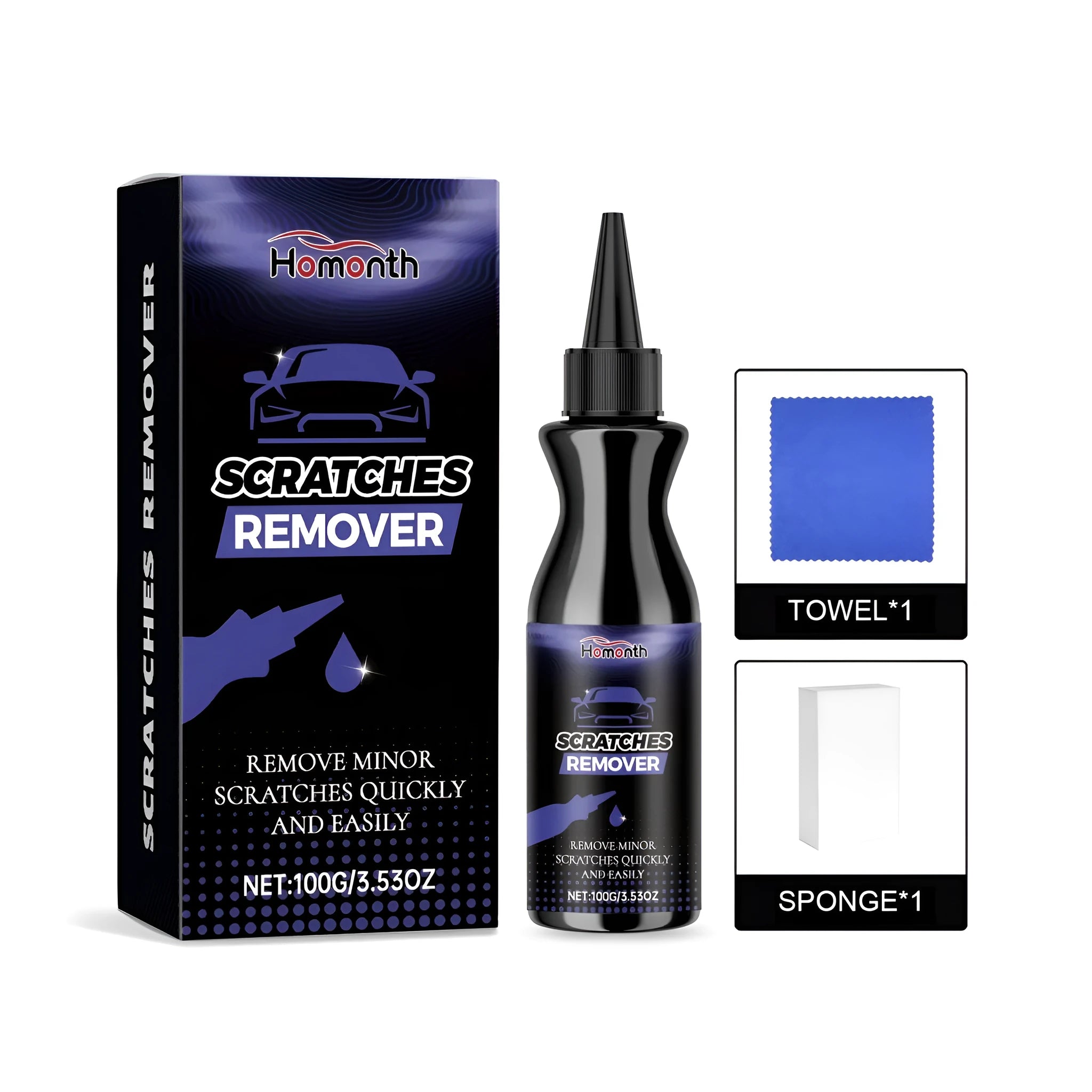 Car paint scratch care kit with 100g paste tub, sponge, and buffing towel.