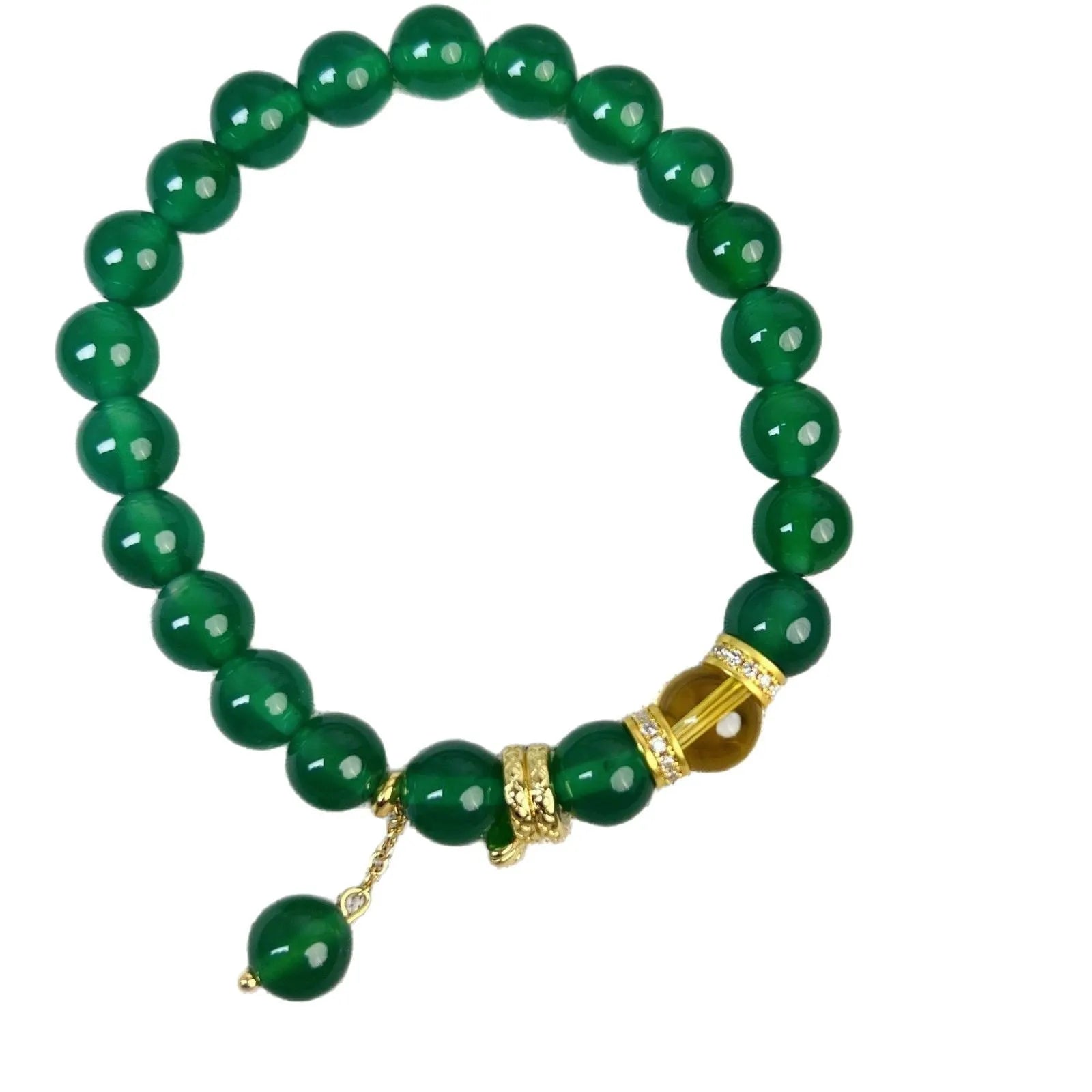 Green chalcedony and red agate wealth snake bracelet with copper links, geometric unisex design