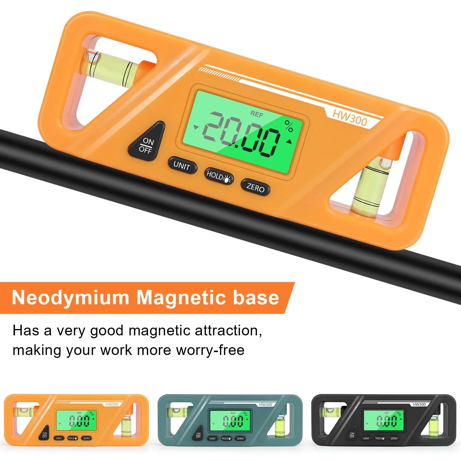 Digital magnetic inclinometer level meter showing angle display on screen, with plastic ABS housing.