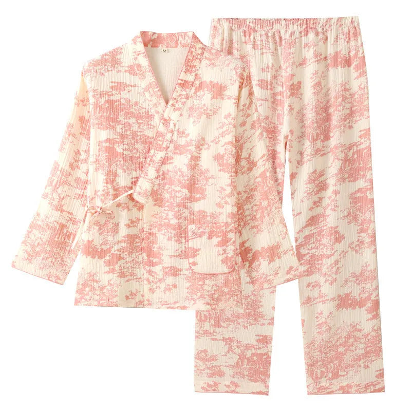 Women's pure cotton gauze long sleeve trousers suit in blue frosted pine trees colour