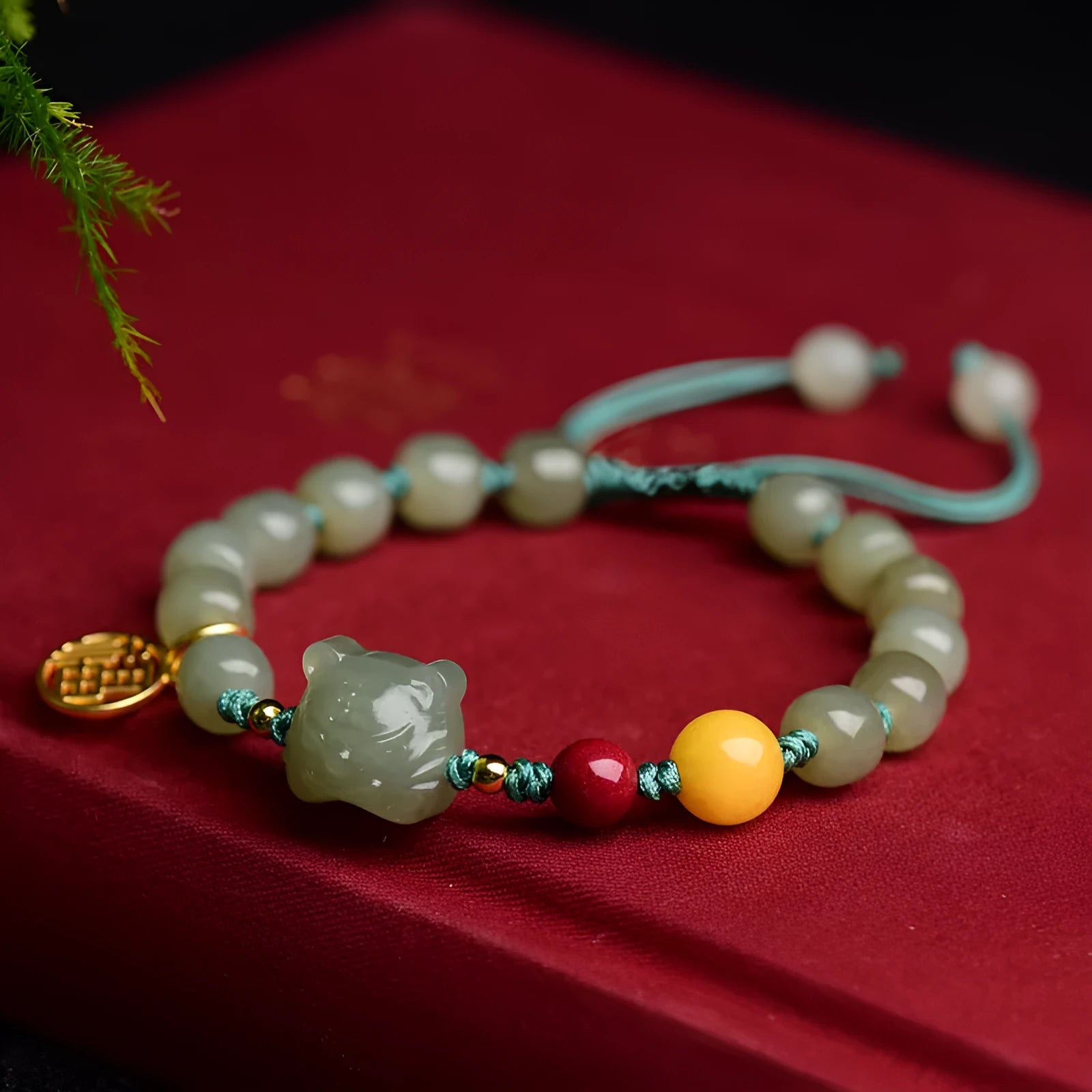 Natural Hetian Jade bracelet with cinnabar and beeswax beads, animal zodiac design