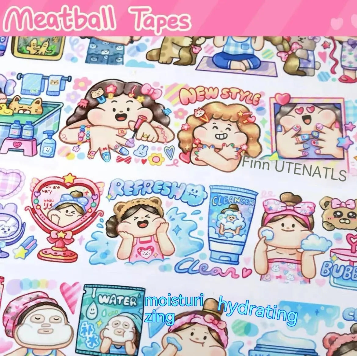 Sheet of cute cartoon character stickers for haemorrhoid tape packaging on Japanese paper.