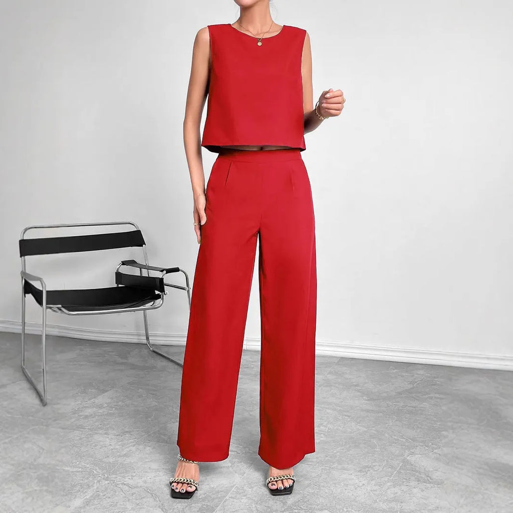 Women's red sleeveless top and wide-leg trousers co-ord set on hanger