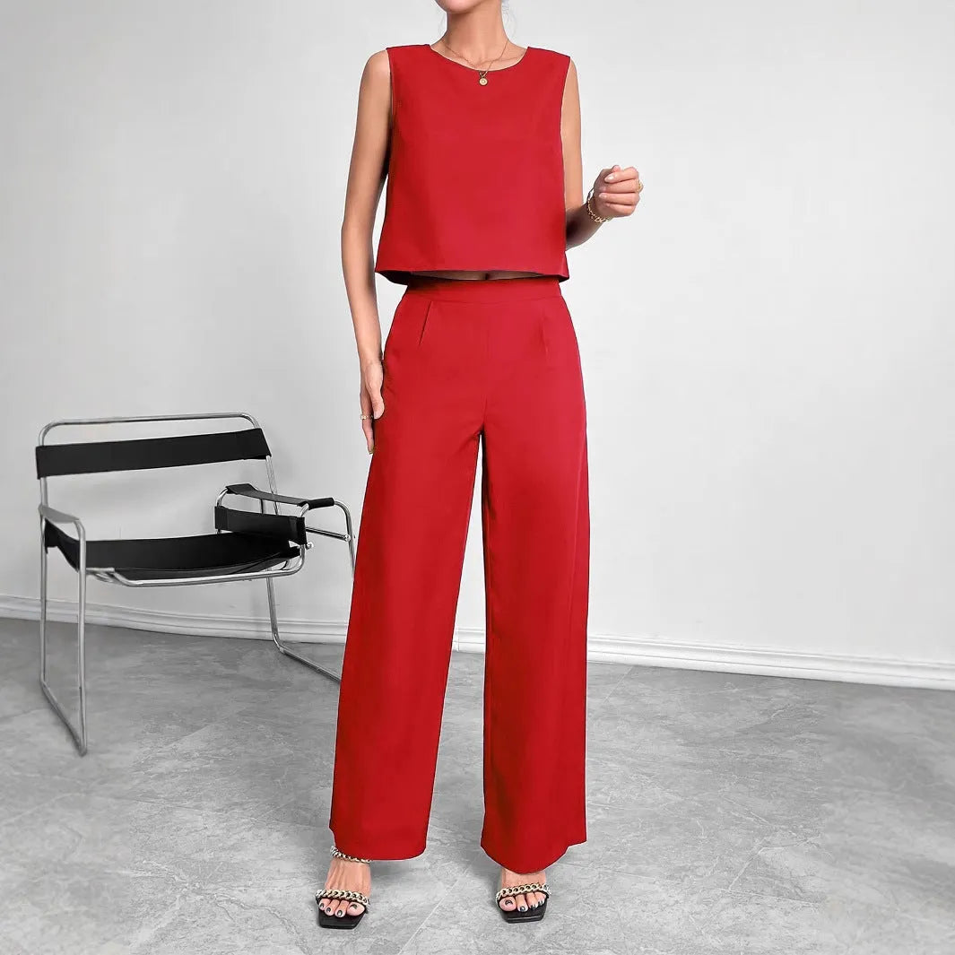 Women's red sleeveless top and wide-leg trousers co-ord set on hanger
