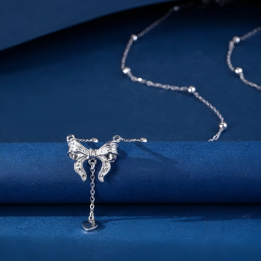 S925 sterling silver butterfly heart clavicle necklace with adjustable 40-45cm O-ring chain