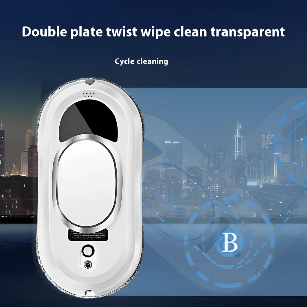 White full-automatic high altitude cleaning machine with remote control and cleaning accessories.