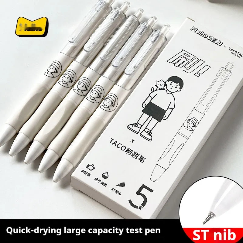 Five black ballpoint pens with white brush details and 0.5mm tips for exam writing