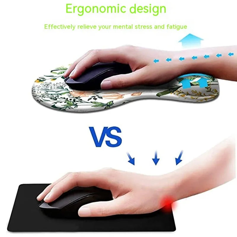 Black silicone keyboard pad with wrist strap showing floral pattern, dimensions 228×192×16mm