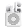 White wireless Bluetooth semi in-ear earphones next to their compact charging case.