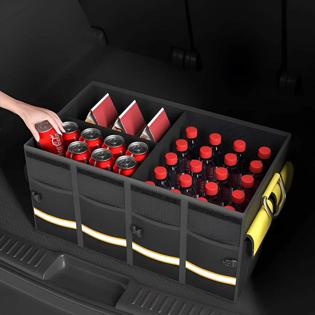 Black and yellow foldable car trunk storage bag with handle in three capacity sizes